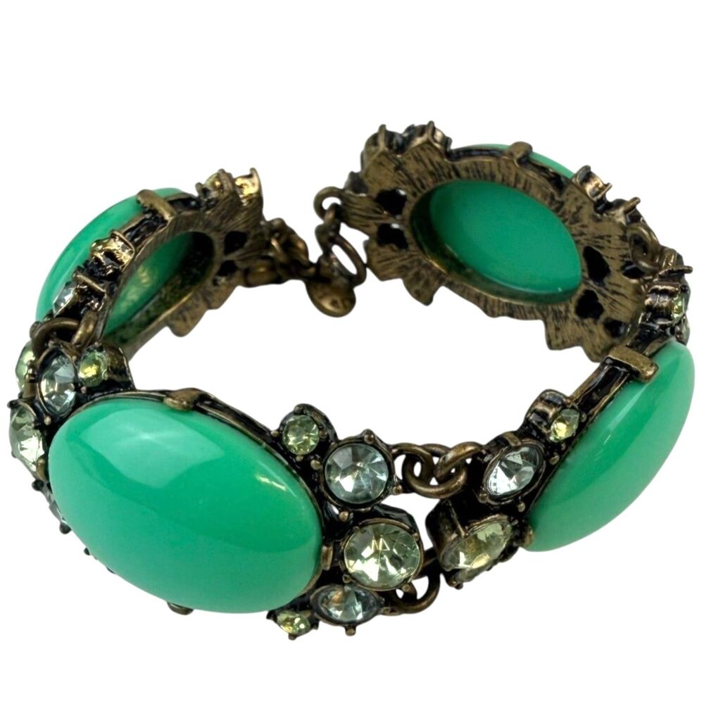 J.Crew Art Deco Green Cabochon Oval Stones Sage Crystal Statement Bracelet